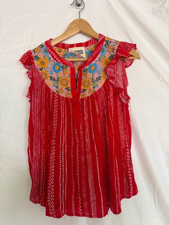 Savanna Jane Tops - Savanna Jane Red Embroidered Floral Flutter Sleeve Top Size M